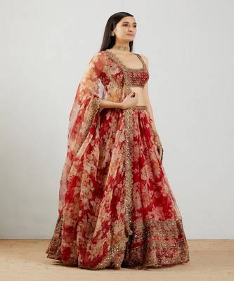 Red Floral Printed Organza Sangeet Lehenga Choli With Dupatta 1
