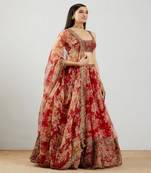 Red Floral Printed Organza Sangeet Lehenga Choli With Dupatta