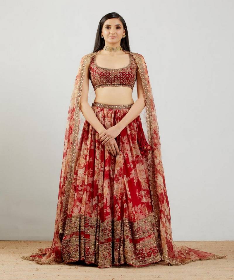 Red Floral Printed Organza Sangeet Lehenga Choli With Dupatta