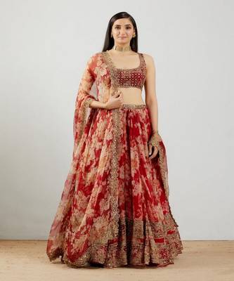 Red Floral Printed Organza Sangeet Lehenga Choli With Dupatta 4