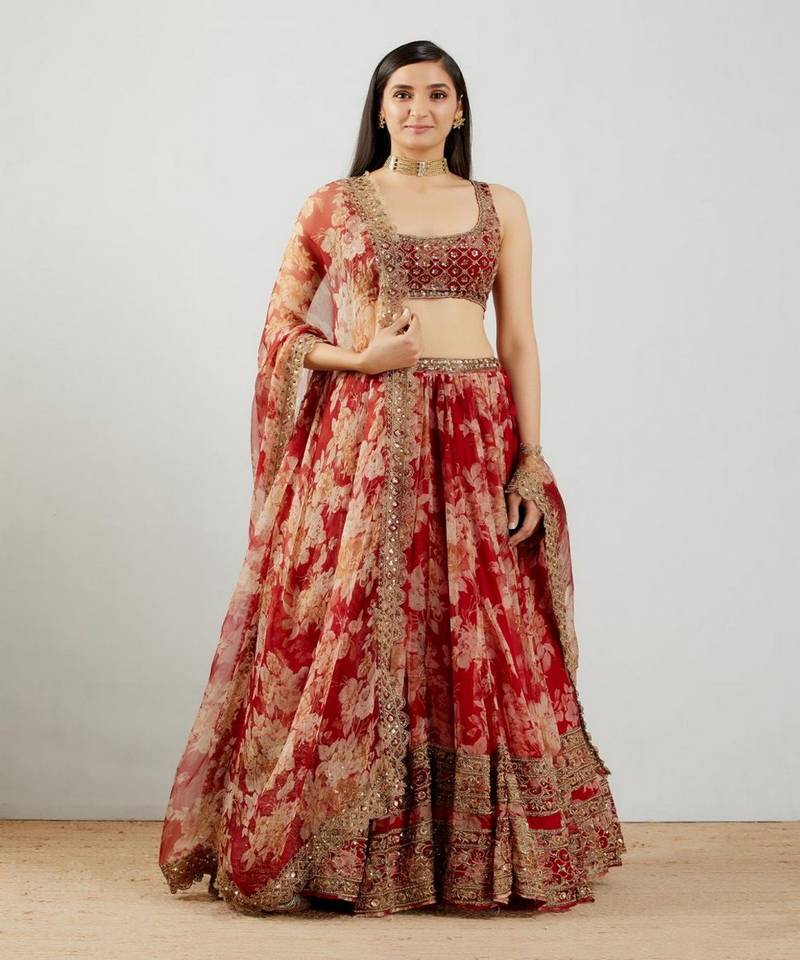 Red Floral Printed Organza Sangeet Lehenga Choli With Dupatta