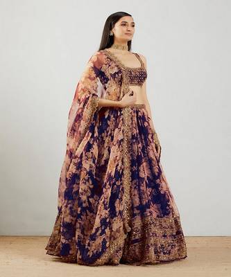 Blue Floral Printed Organza Sangeet Lehenga Choli With Dupatta 1