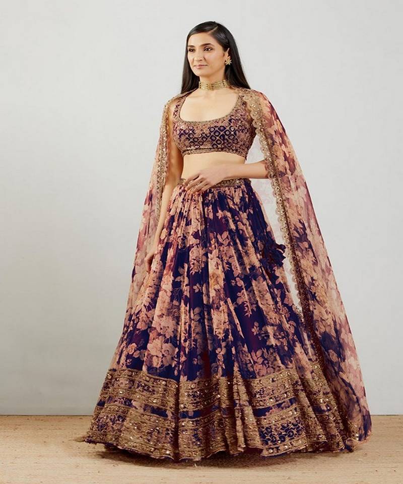 Blue Floral Printed Organza Sangeet Lehenga Choli With Dupatta