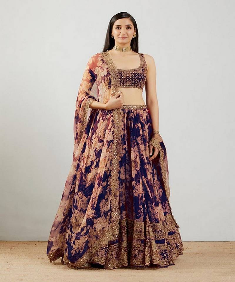 Blue Floral Printed Organza Sangeet Lehenga Choli With Dupatta