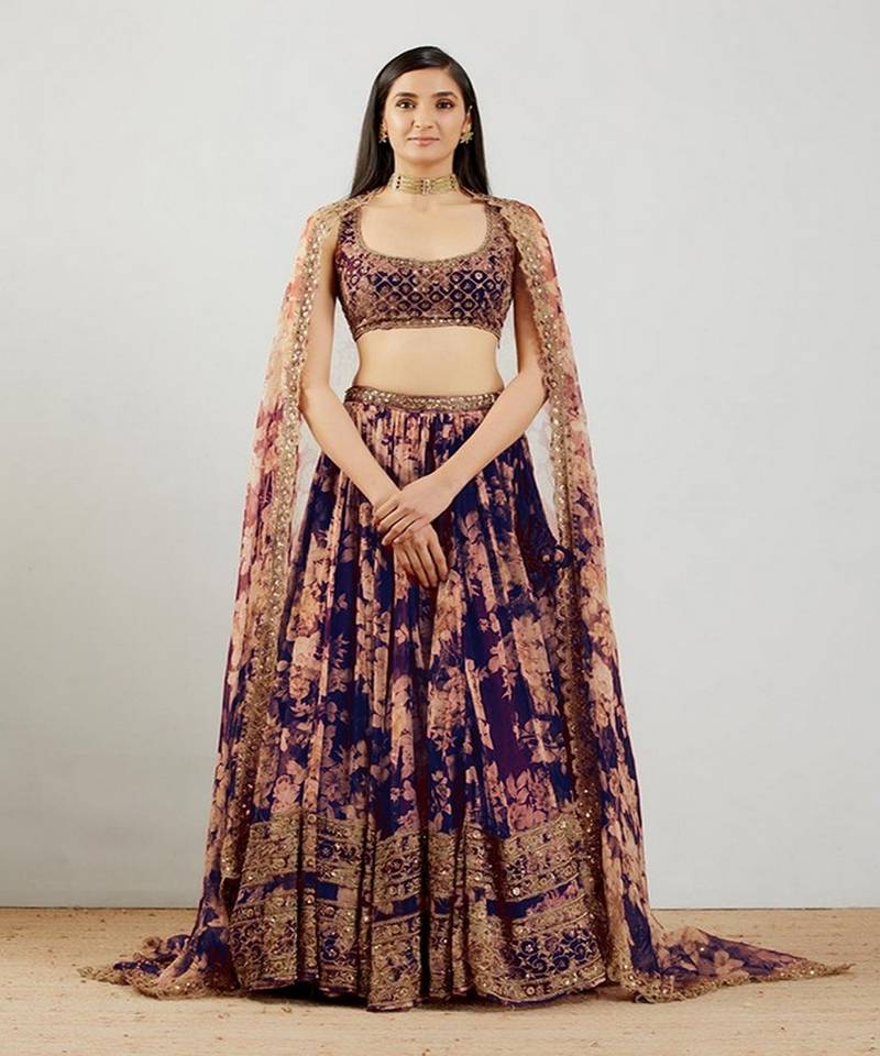 Blue Floral Printed Organza Sangeet Lehenga Choli With Dupatta