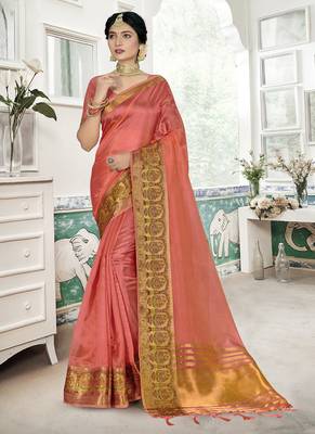Peach Organza Weaving Jacquard Work Designer Saree 1