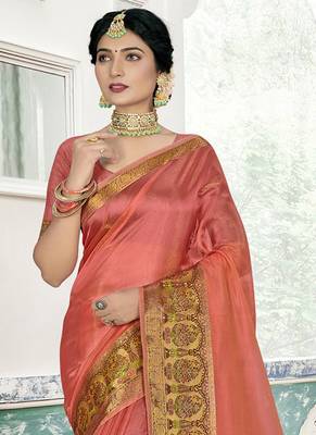 Peach Organza Weaving Jacquard Work Designer Saree 2
