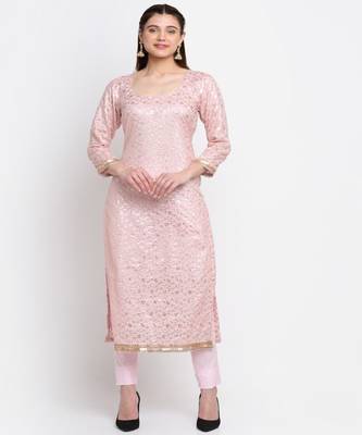 Crystal Pink Chanderi Kurti With Straight Pants 1