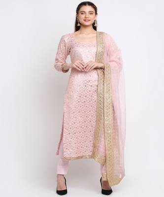 Crystal Pink Chanderi Kurti With Straight Pants and Sequin Organza Dupatta 1