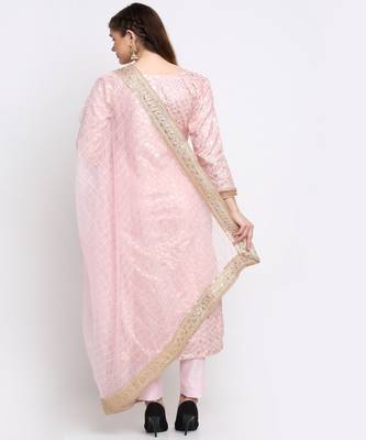 Crystal Pink Chanderi Kurti With Straight Pants and Sequin Organza Dupatta 2