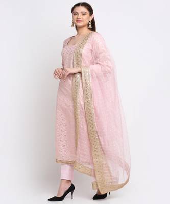 Crystal Pink Chanderi Kurti With Straight Pants and Sequin Organza Dupatta 3