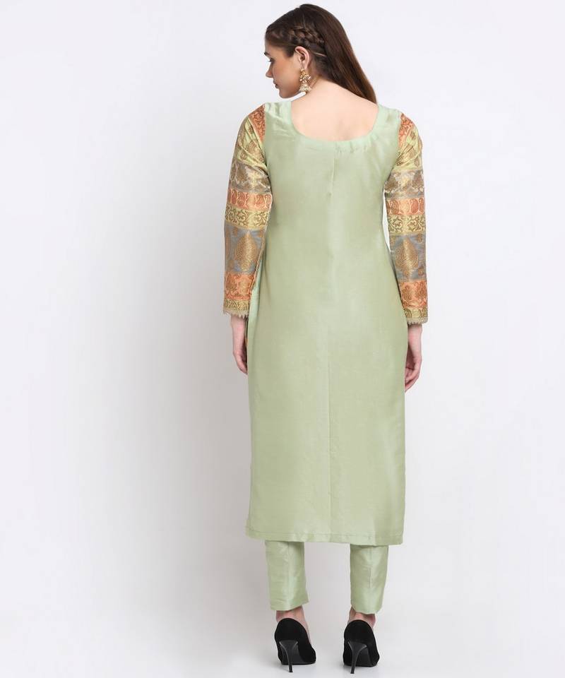 Graceful Green Banarasi Sleeve Kurti with Straight Pants