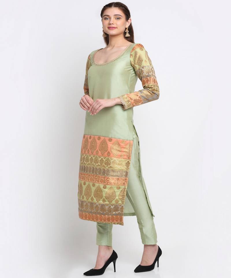 Graceful Green Banarasi Sleeve Kurti with Straight Pants