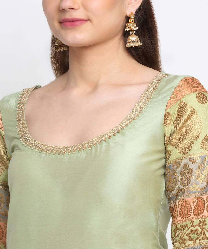 Graceful Green Banarasi Sleeve Kurti with Straight Pants