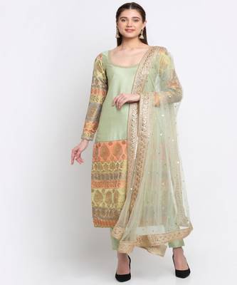 Graceful Green Banarasi Sleeve Kurti with Straight Pants and Net Sequins Dupatta 1