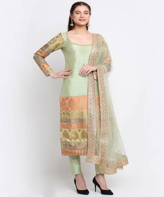 Graceful Green Banarasi Sleeve Kurti with Straight Pants and Net Sequins Dupatta 3