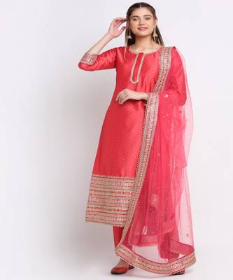 Prism Pink Straight Kurti with Straight Pants and Net Emroidered Dupatta 1