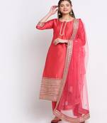 Prism Pink Straight Kurti with Straight Pants and Net Emroidered Dupatta