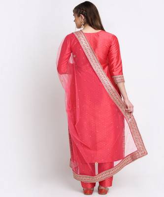 Prism Pink Straight Kurti with Straight Pants and Net Emroidered Dupatta 2