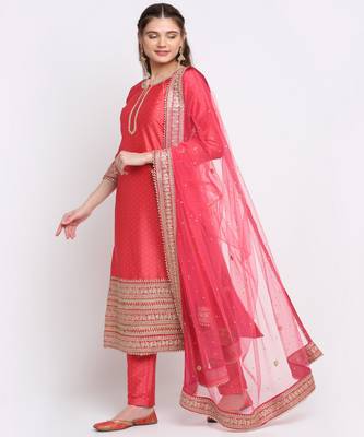 Prism Pink Straight Kurti with Straight Pants and Net Emroidered Dupatta 3