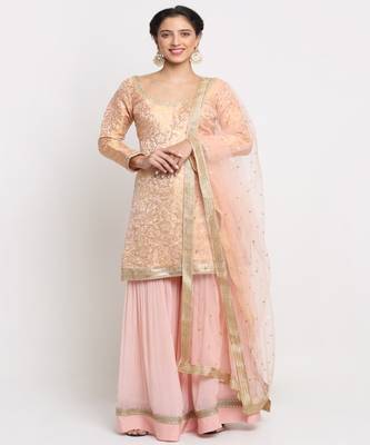 Precious Peach Embroidered Kurti with Gathered Sharara and Net Sequined Dupatta 1