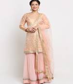 Precious Peach Embroidered Kurti with Gathered Sharara and Net Sequined Dupatta