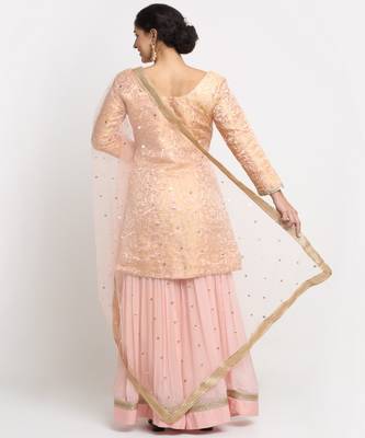 Precious Peach Embroidered Kurti with Gathered Sharara and Net Sequined Dupatta 2