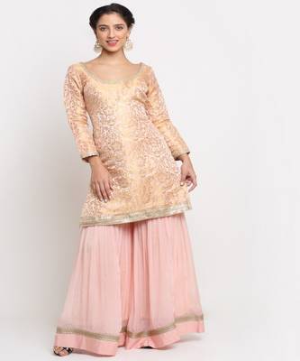 Precious Peach Embroidered Kurti with Gathered Sharara and Net Sequined Dupatta 3