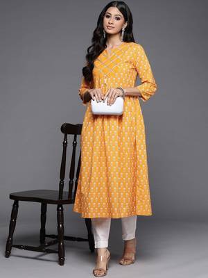 varanga-women-mustard-yellow-geometric-printed-keyhole-neck-flared-sleeves-quirky-kurta 1