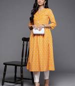 varanga-women-mustard-yellow-geometric-printed-keyhole-neck-flared-sleeves-quirky-kurta