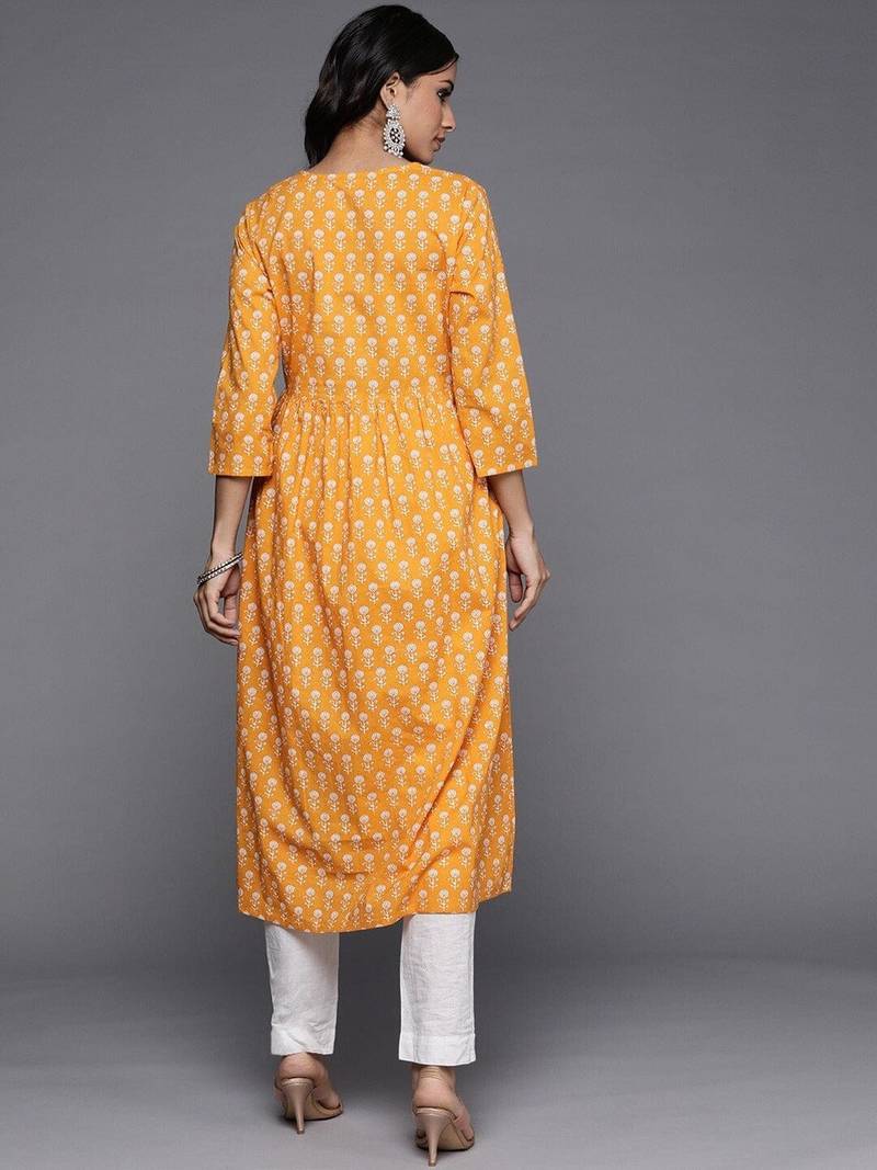 varanga-women-mustard-yellow-geometric-printed-keyhole-neck-flared-sleeves-quirky-kurta