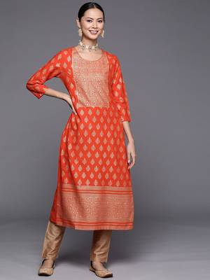 varanga-women-orange-golden-ethnic-motifs-printed-kurta 3