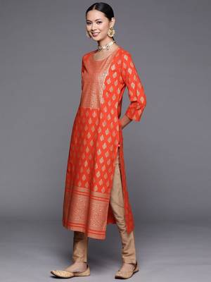 varanga-women-orange-golden-ethnic-motifs-printed-kurta 4