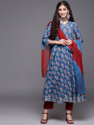 varanga-women-blue-ethnic-motifs-printed-angrakha-gotta-patti-kurta-with-trousers-with-dupatta 1