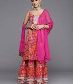 ksut-women-orange-pink-ethnic-printed-pure-cotton-kurta-with-sharara-with-dupatta