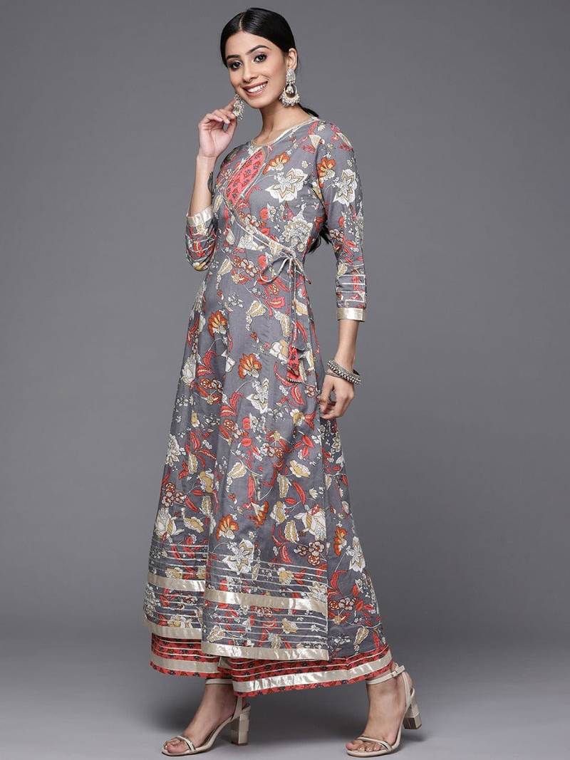 varanga-women-grey-pink-floral-print-angrakha-gotta-patti-pure-cotton-kurta-with-sharara