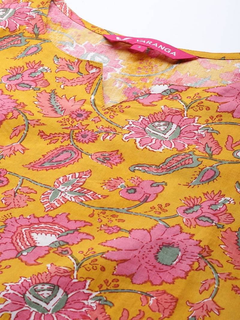varanga-women-mustard-yellow-white-ethnic-print-print-pure-cotton-kurta-with-sharara
