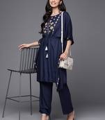 varanga-women-navy-blue-yoke-design-thread-work-pure-cotton-kurta-with-trousers