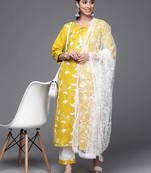 varanga-women-yellow-ethnic-motifs-embroidered-pure-cotton-kurta-with-trousers-dupatta