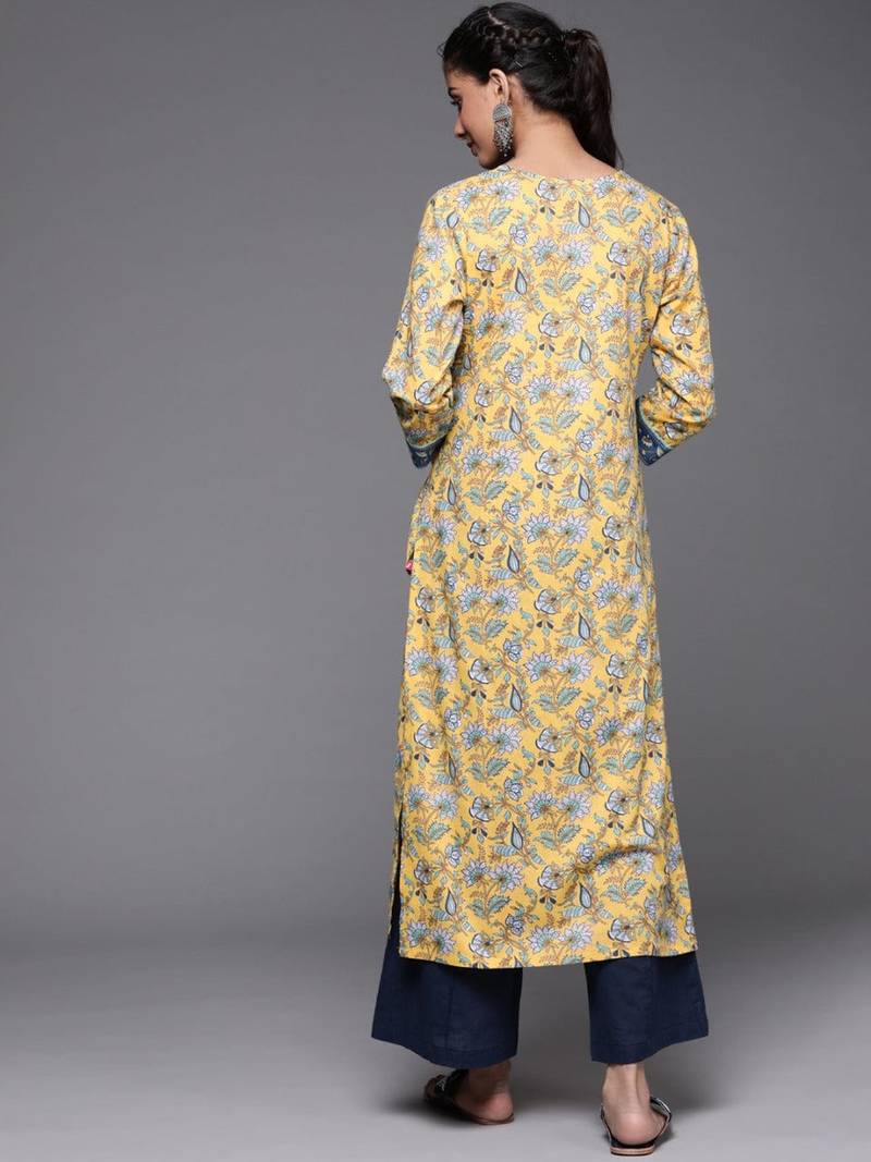 varanga-mustard-yellow-blue-ethnic-motifs-printed-pure-cotton-kurta