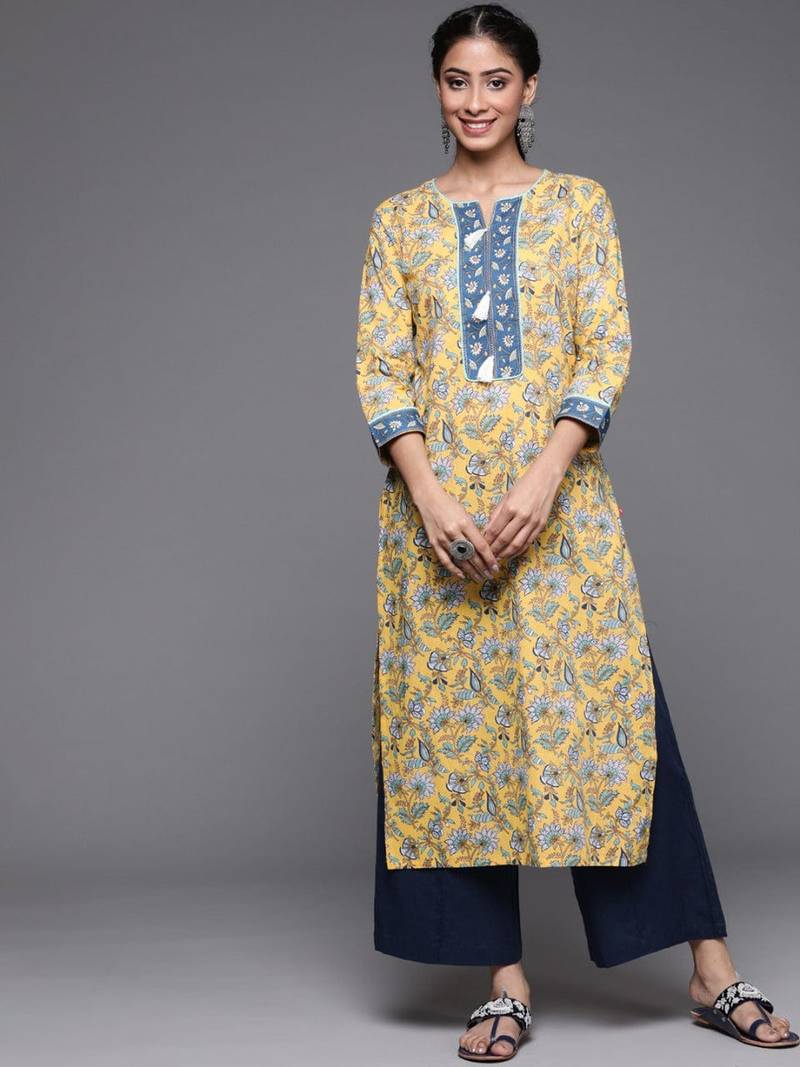 varanga-mustard-yellow-blue-ethnic-motifs-printed-pure-cotton-kurta