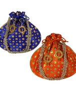 myDsGifts Women's Stylish Potli Bags Embellished Potli Bag Combo (Pack of 2 Blue Orange)