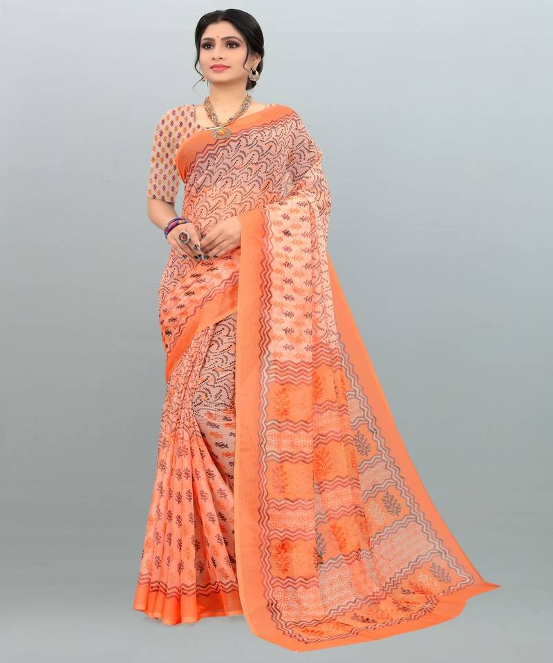 Glorious Light Orange & Light Peach colour printed saree with blouse