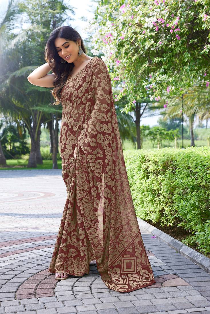 Maroon Printed Chiffon Saree With Blouse
