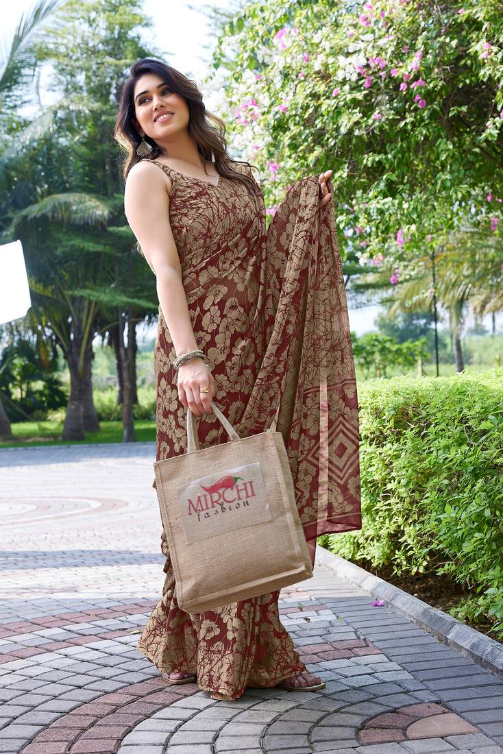 Maroon Printed Chiffon Saree With Blouse