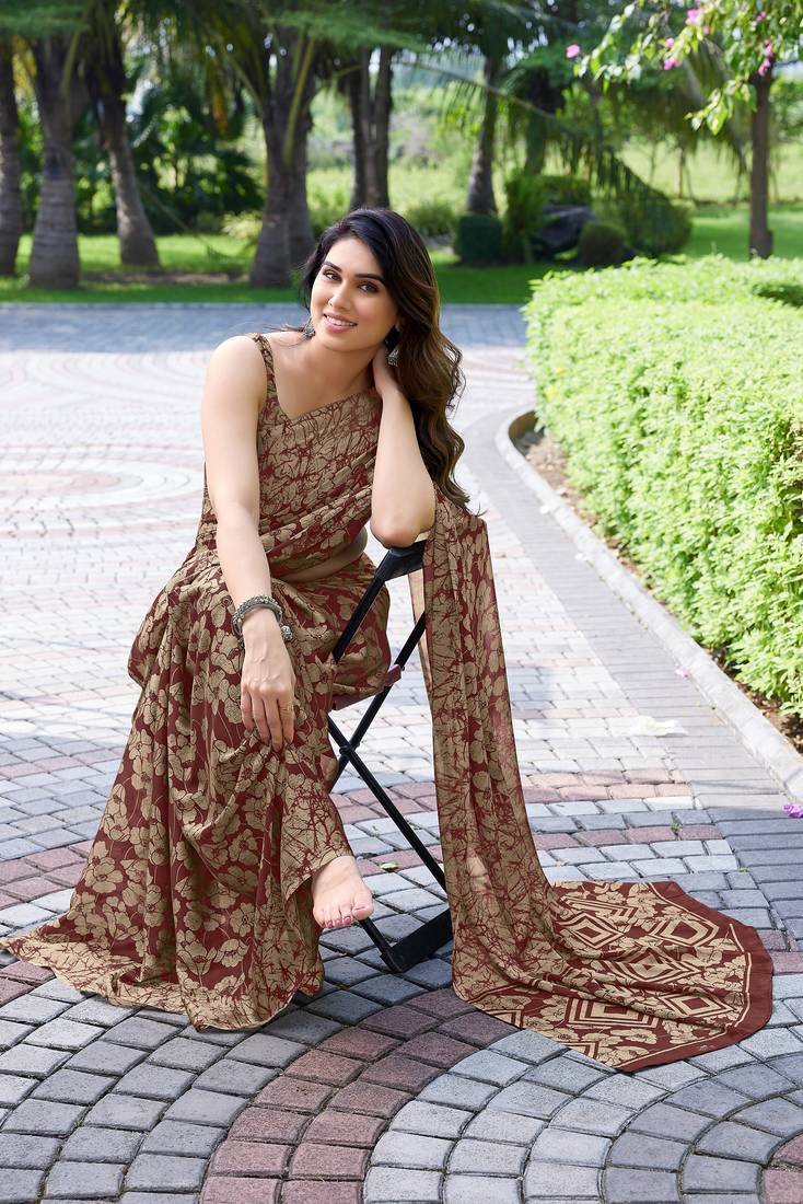 Maroon Printed Chiffon Saree With Blouse
