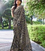 Navy Blue Printed Chiffon Saree With Blouse