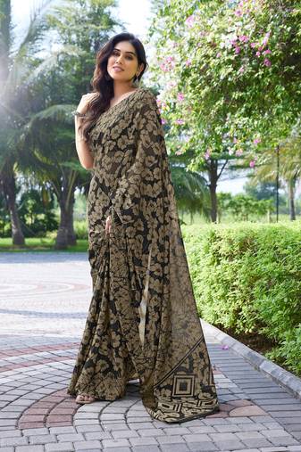 Black Printed Chiffon Saree With Blouse