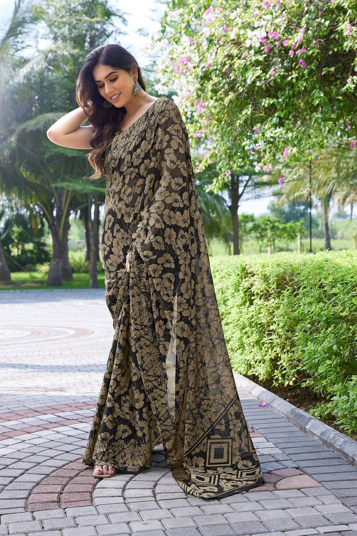 Black Printed Chiffon Saree With Blouse