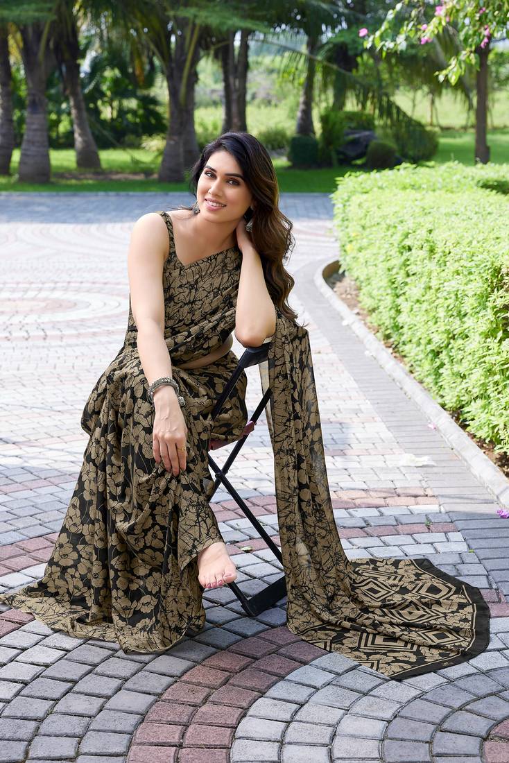 Black Printed Chiffon Saree With Blouse